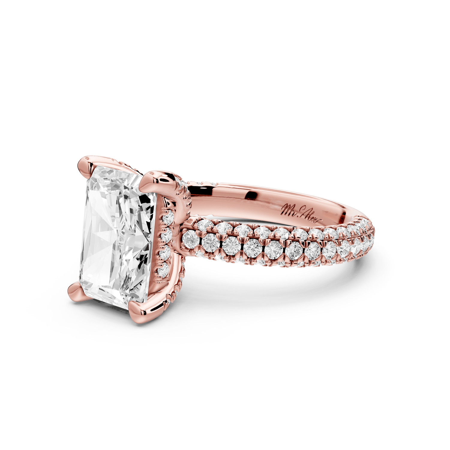 Emilia - 3ct 14k rose gold radiant Hidden Halo Diamond Crown Rollover Pavé Engagement Ring - Mr. Alex Jewelry