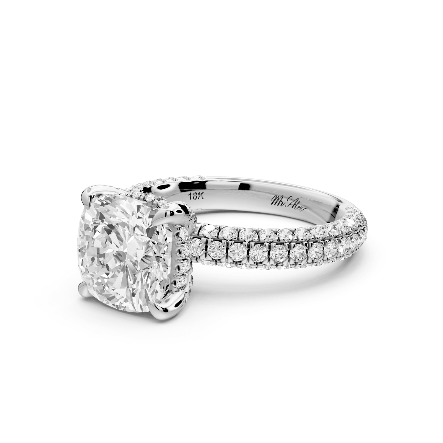 Emilia - 3ct 14k white gold cushion Hidden Halo Diamond Crown Rollover Pavé Engagement Ring - Mr. Alex Jewelry