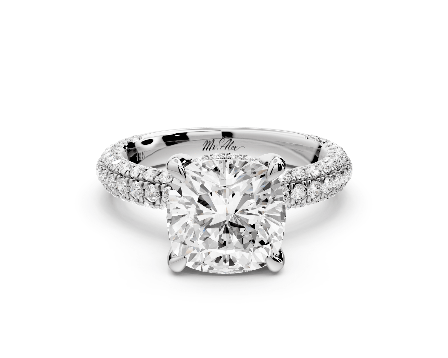 Emilia - 3ct 14k white gold cushion Hidden Halo Diamond Crown Rollover Pavé Engagement Ring - Mr. Alex Jewelry