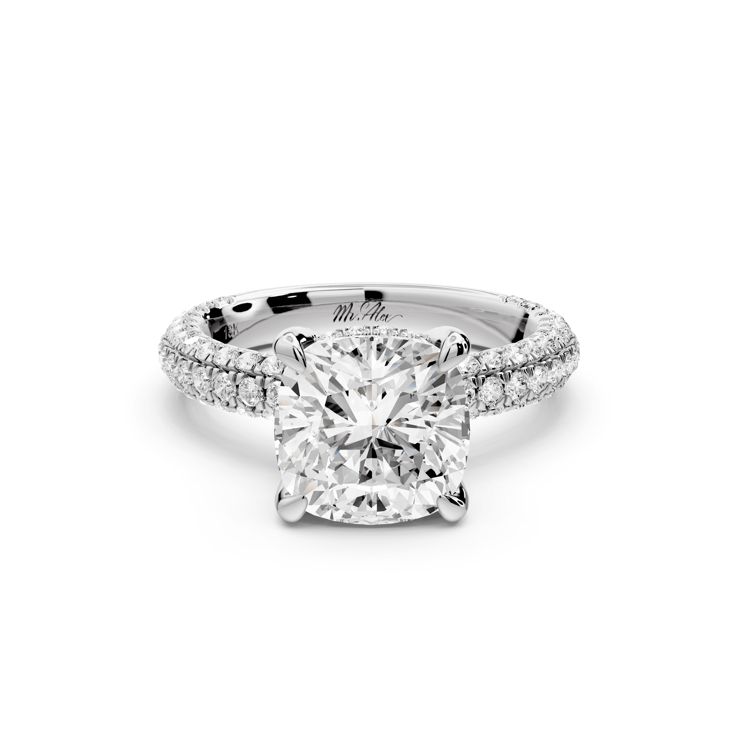 Emilia - 3ct 14k white gold cushion Hidden Halo Diamond Crown Rollover Pavé Engagement Ring - Mr. Alex Jewelry