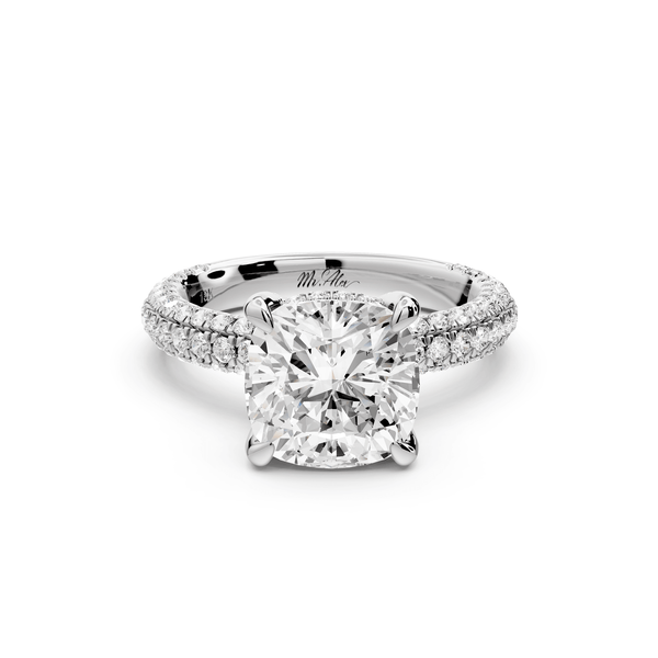 Emilia - 3ct 14k white gold cushion Hidden Halo Diamond Crown Rollover Pavé Engagement Ring - Mr. Alex Jewelry