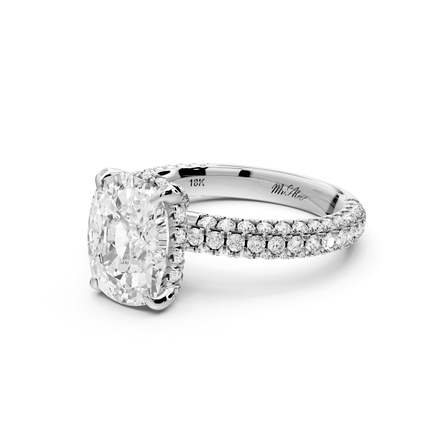 Emilia - 3ct 14k white gold ecushion Hidden Halo Diamond Crown Rollover Pavé Engagement Ring - Mr. Alex Jewelry