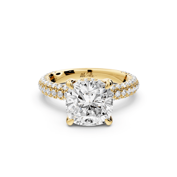 Emilia - 3ct 14k yellow gold cushion Hidden Halo Diamond Crown Rollover Pavé Engagement Ring - Mr. Alex Jewelry