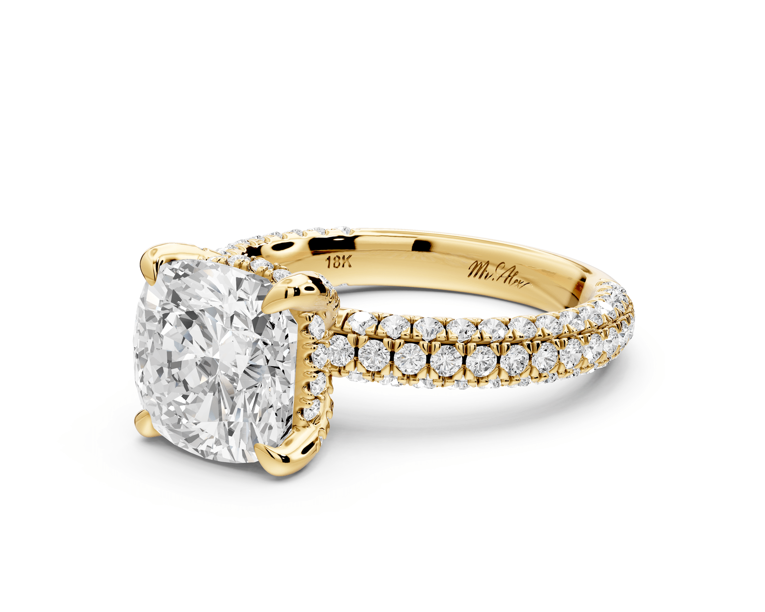 Emilia - 3ct 14k yellow gold cushion Hidden Halo Diamond Crown Rollover Pavé Engagement Ring - Mr. Alex Jewelry