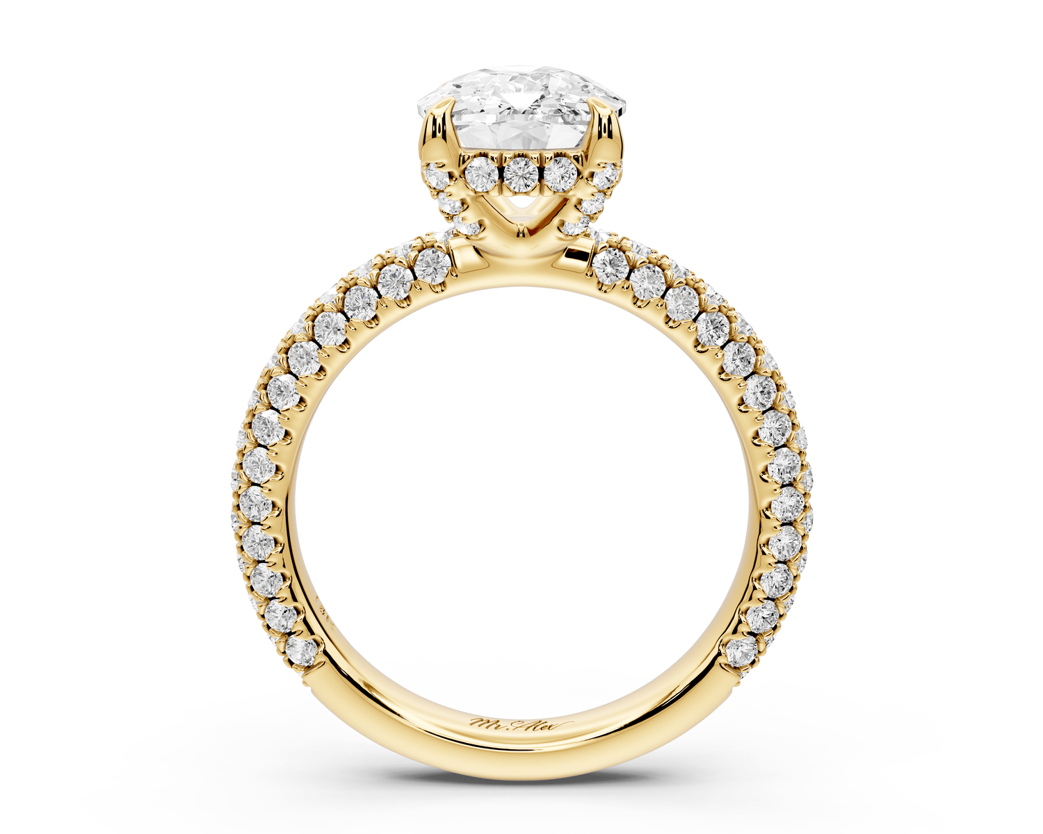 Emilia - 3ct 14k yellow gold ecushion Hidden Halo Diamond Crown Rollover Pavé Engagement Ring - Mr. Alex Jewelry