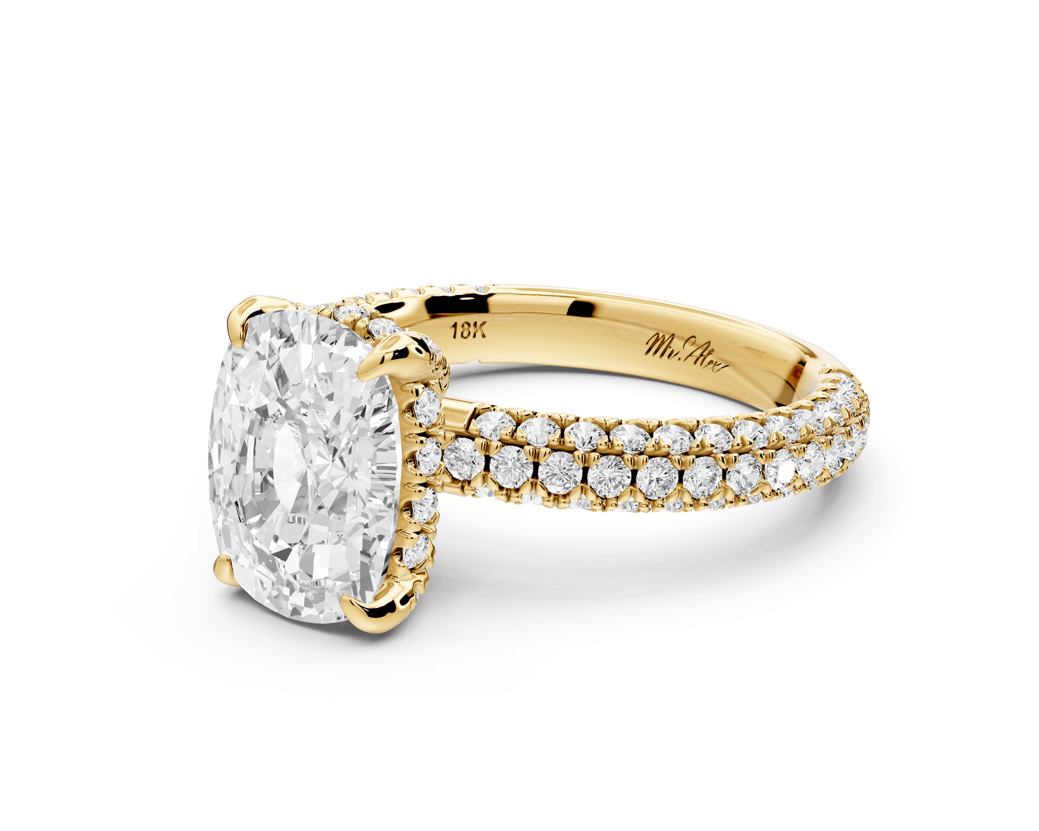 Emilia - 3ct 14k yellow gold ecushion Hidden Halo Diamond Crown Rollover Pavé Engagement Ring - Mr. Alex Jewelry
