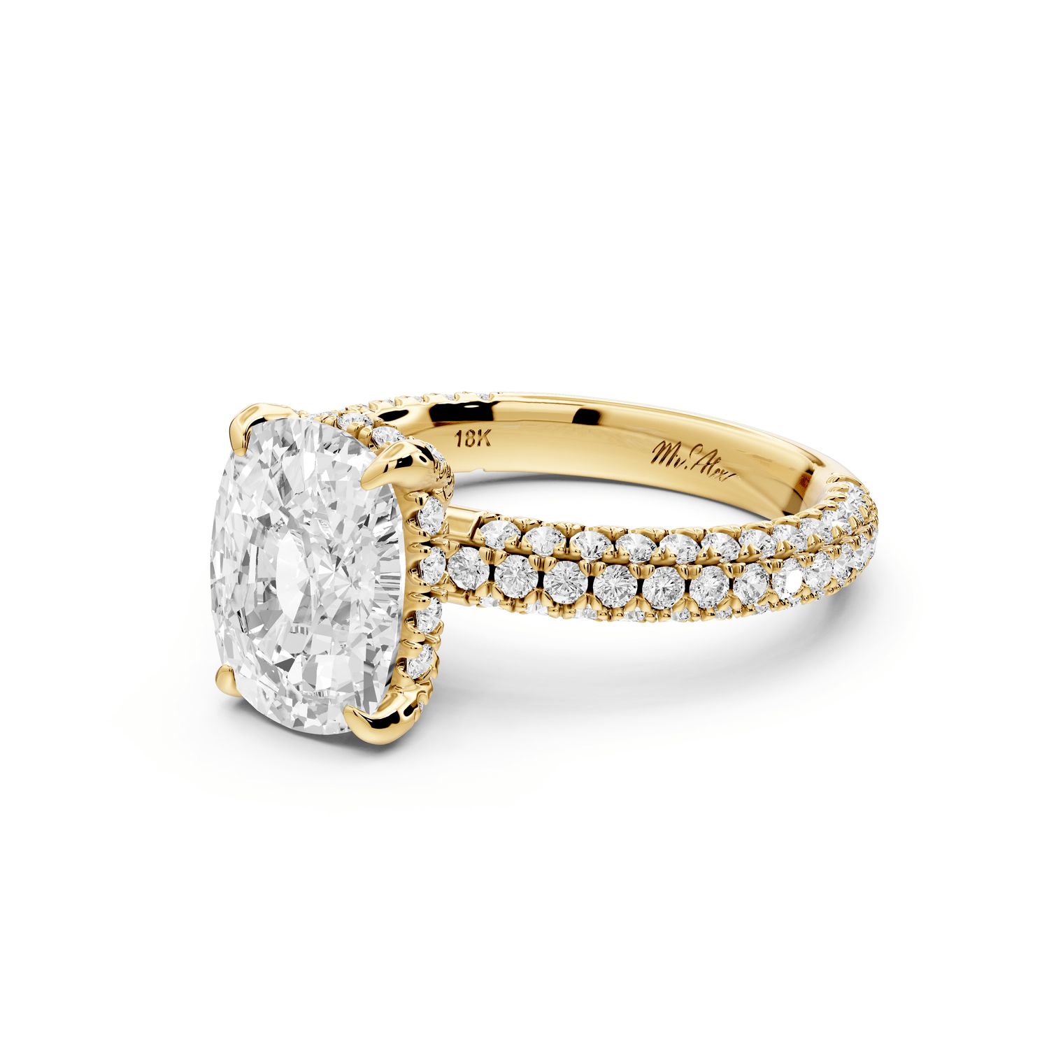 Emilia - 3ct 14k yellow gold ecushion Hidden Halo Diamond Crown Rollover Pavé Engagement Ring - Mr. Alex Jewelry