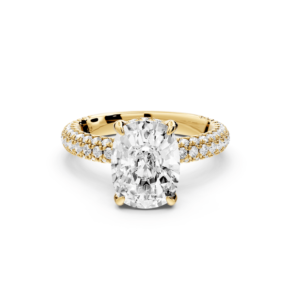 Emilia - 3ct 14k yellow gold ecushion Hidden Halo Diamond Crown Rollover Pavé Engagement Ring - Mr. Alex Jewelry