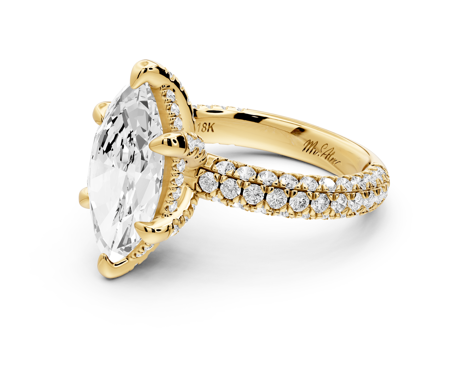Emilia - 3ct 14k yellow gold marquise Hidden Halo Diamond Crown Rollover Pavé Engagement Ring - Mr. Alex Jewelry