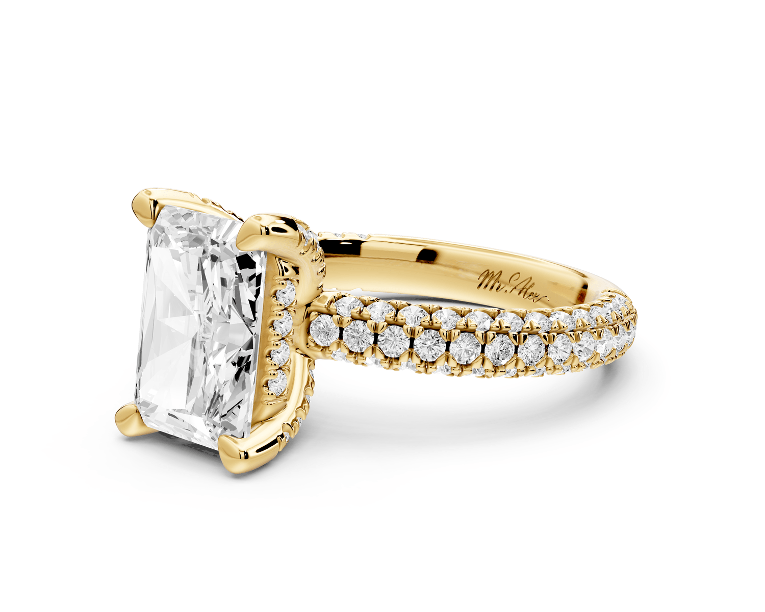Emilia - 3ct 14k yellow gold radiant Hidden Halo Diamond Crown Rollover Pavé Engagement Ring - Mr. Alex Jewelry