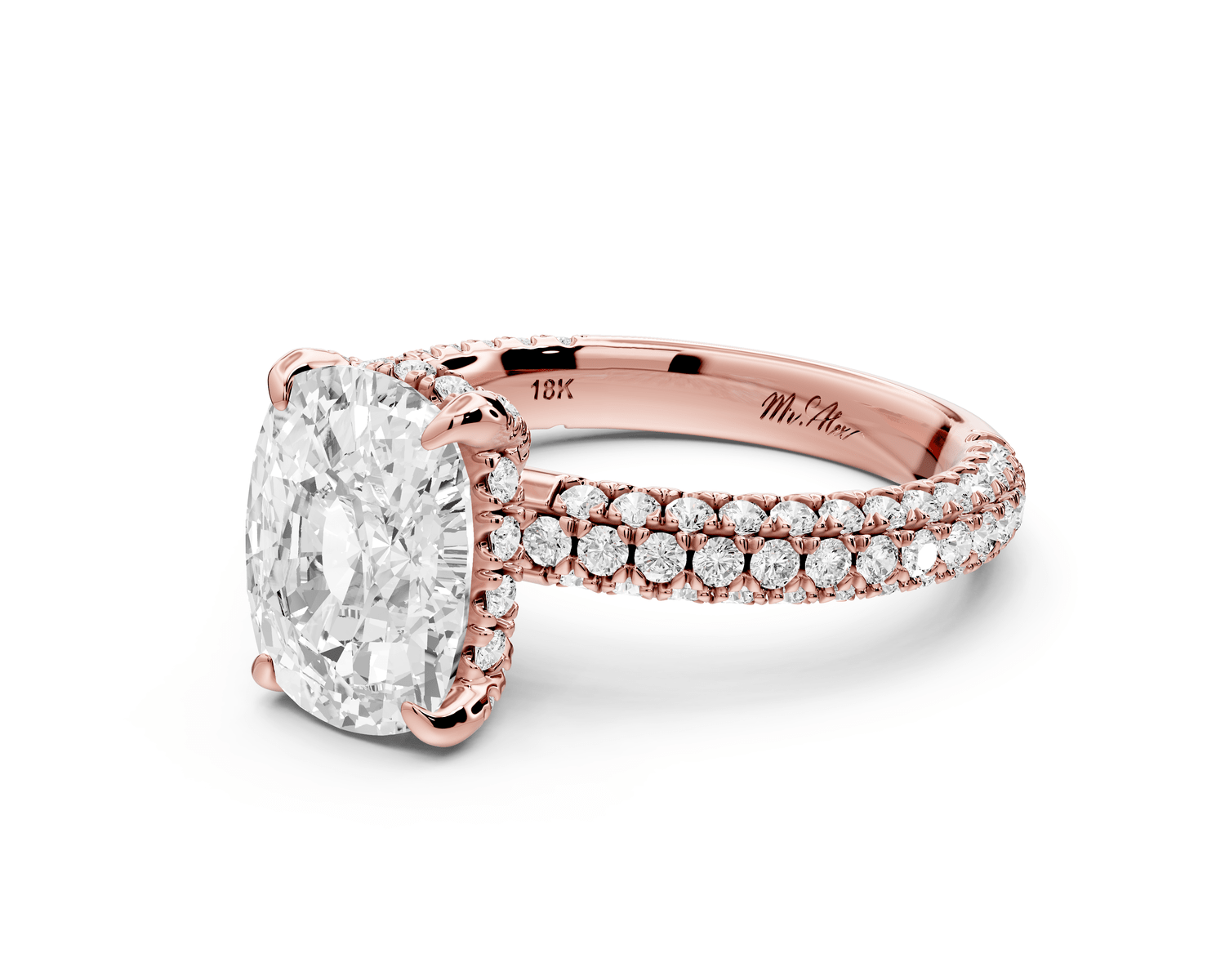 Emilia - 3ct 18k rose gold ecushion Hidden Halo Diamond Crown Rollover Pavé Engagement Ring - Mr. Alex Jewelry
