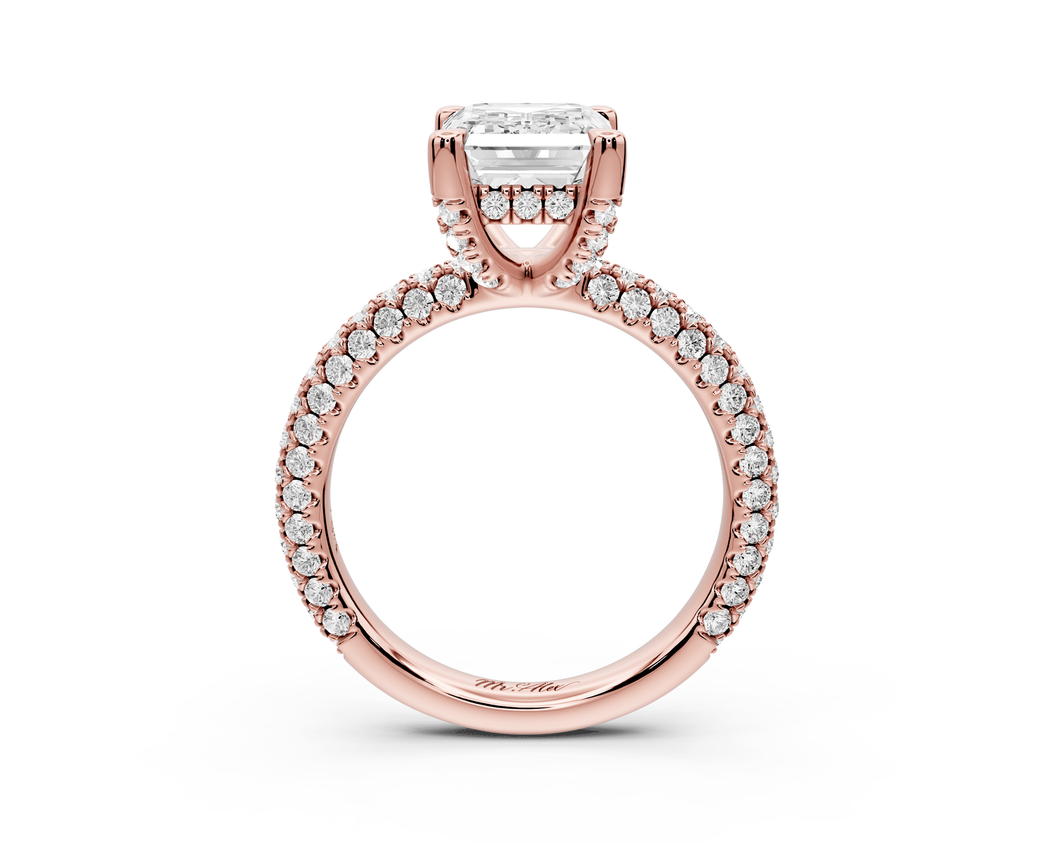 Emilia - 3ct 18k rose gold emerald Hidden Halo Diamond Crown Rollover Pavé Engagement Ring - Mr. Alex Jewelry