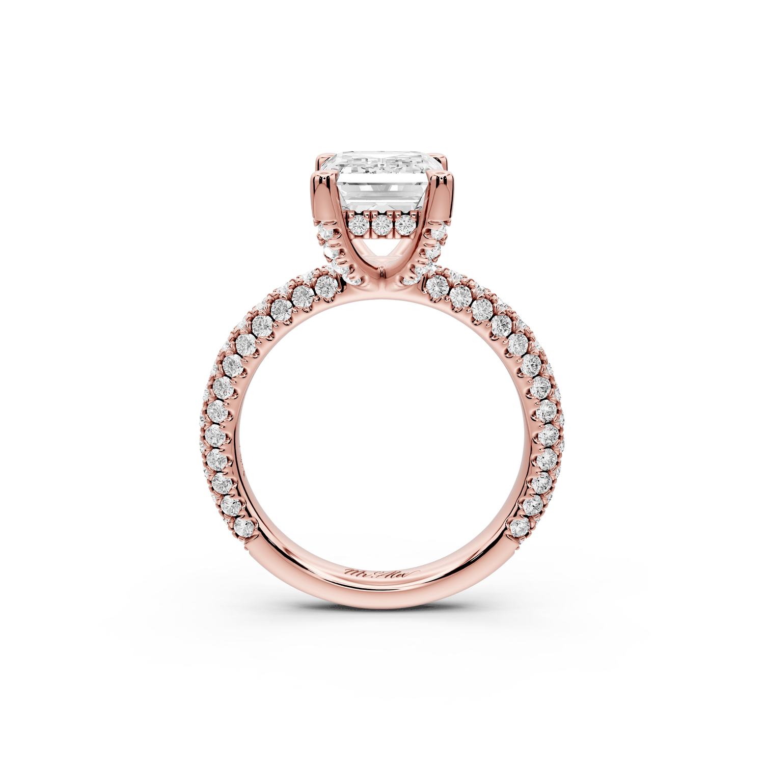 Emilia - 3ct 18k rose gold emerald Hidden Halo Diamond Crown Rollover Pavé Engagement Ring - Mr. Alex Jewelry