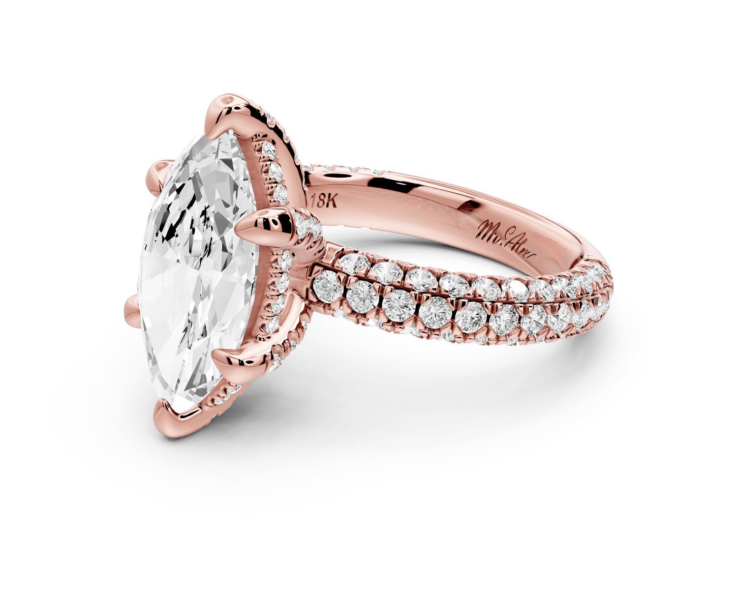 Emilia - 3ct 18k rose gold marquise Hidden Halo Diamond Crown Rollover Pavé Engagement Ring - Mr. Alex Jewelry