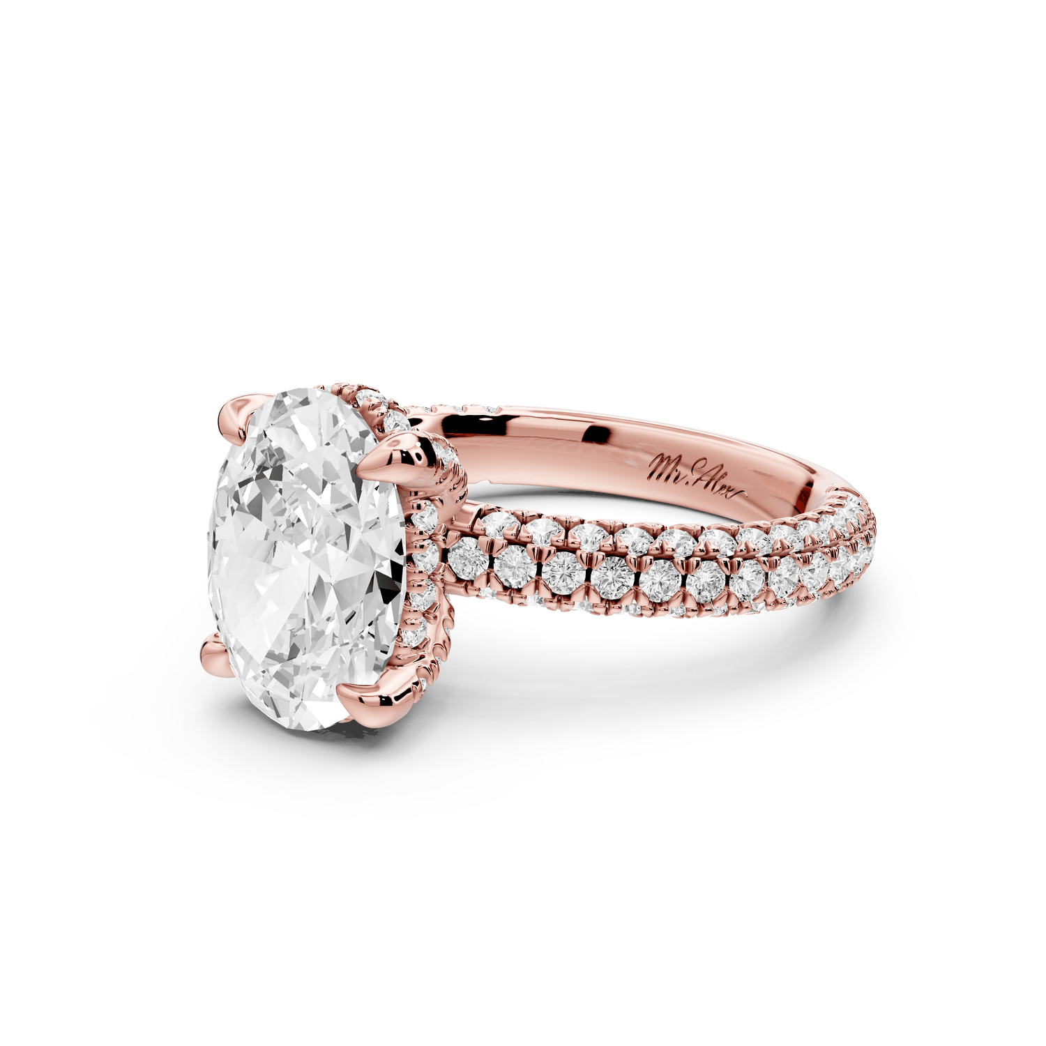 Emilia - 3ct 18k rose gold oval Hidden Halo Diamond Crown Rollover Pavé Engagement Ring - Mr. Alex Jewelry