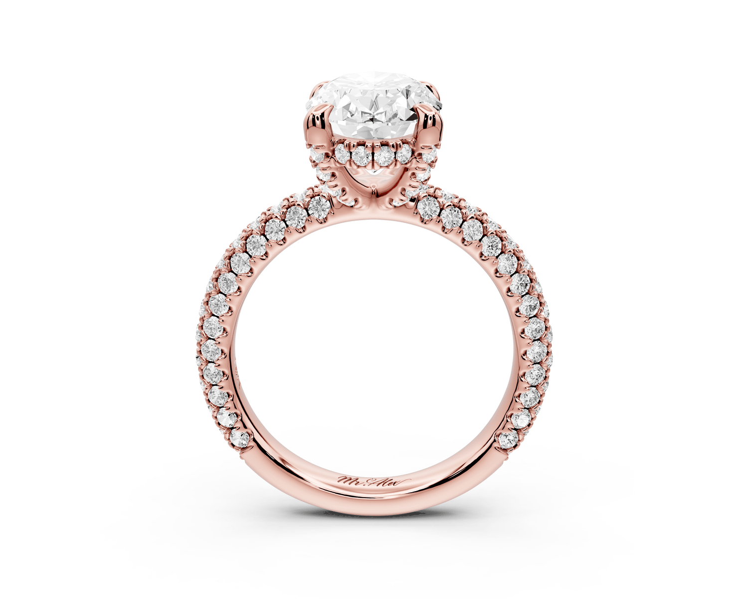 Emilia - 3ct 18k rose gold oval Hidden Halo Diamond Crown Rollover Pavé Engagement Ring - Mr. Alex Jewelry