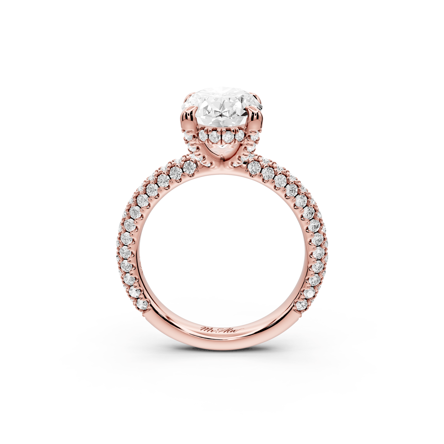 Emilia - 3ct 18k rose gold oval Hidden Halo Diamond Crown Rollover Pavé Engagement Ring - Mr. Alex Jewelry