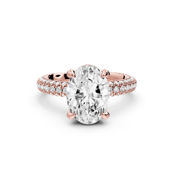 Emilia - 3ct 18k rose gold oval Hidden Halo Diamond Crown Rollover Pavé Engagement Ring - Mr. Alex Jewelry
