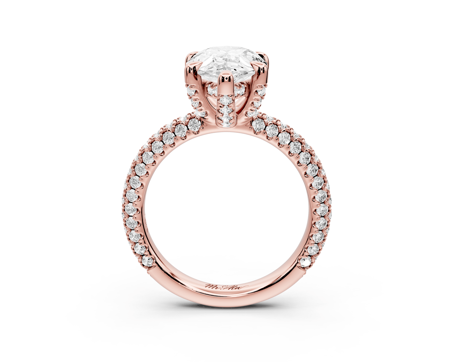 Emilia - 3ct 18k rose gold pear Hidden Halo Diamond Crown Rollover Pavé Engagement Ring - Mr. Alex Jewelry