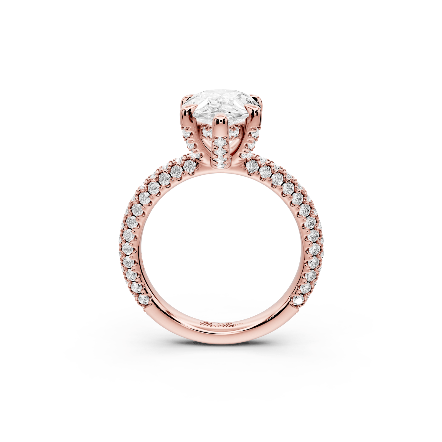 Emilia - 3ct 18k rose gold pear Hidden Halo Diamond Crown Rollover Pavé Engagement Ring - Mr. Alex Jewelry