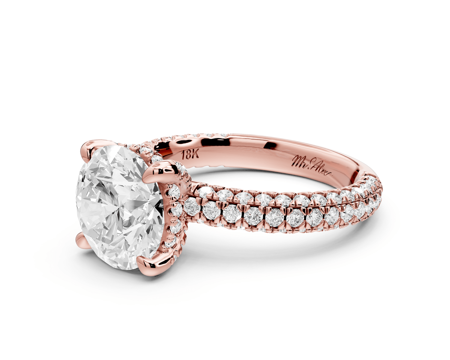Emilia - 3ct 18k rose gold round Hidden Halo Diamond Crown Rollover Pavé Engagement Ring - Mr. Alex Jewelry