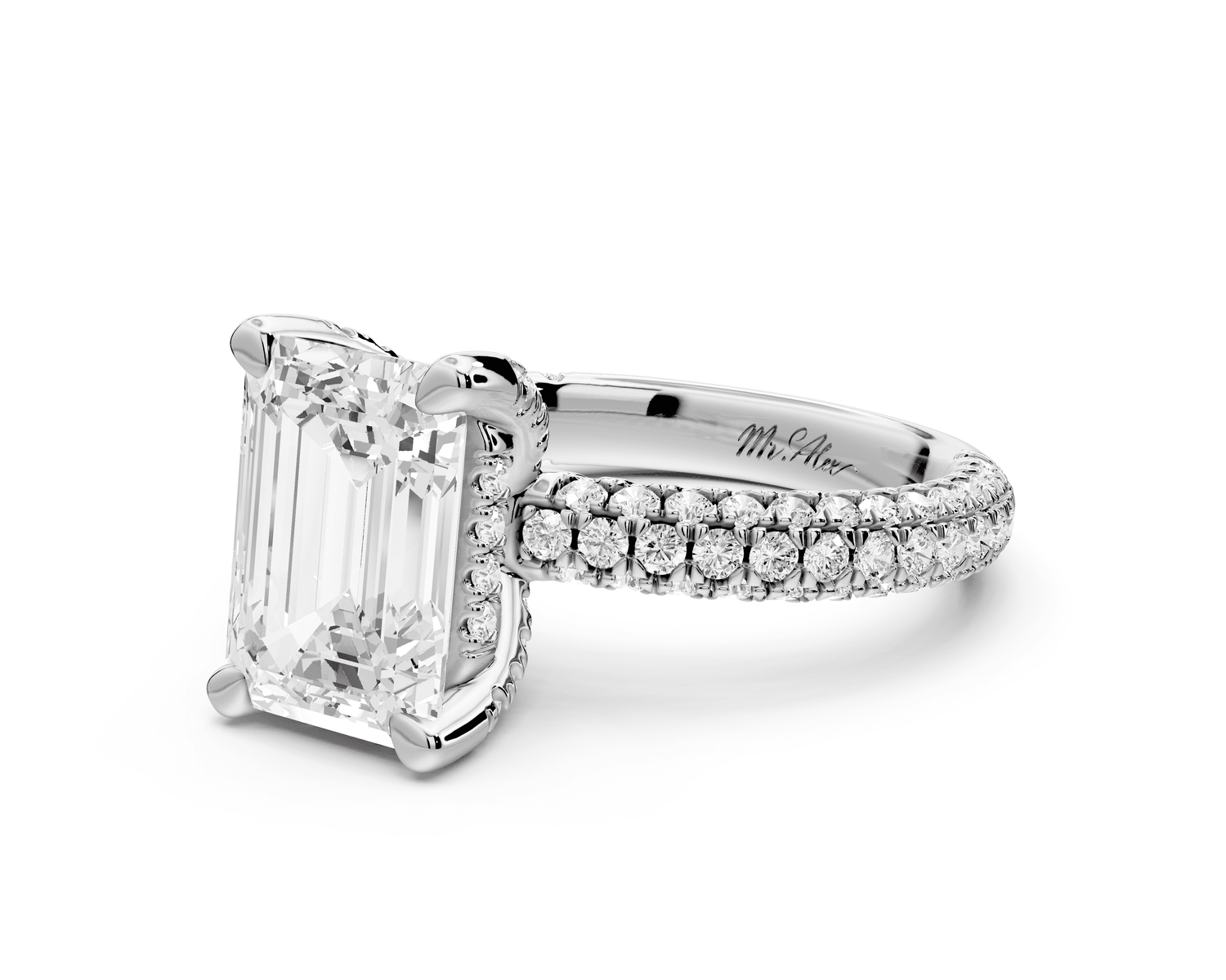 Emilia - 3ct 18k white gold emerald Hidden Halo Diamond Crown Rollover Pavé Engagement Ring - Mr. Alex Jewelry