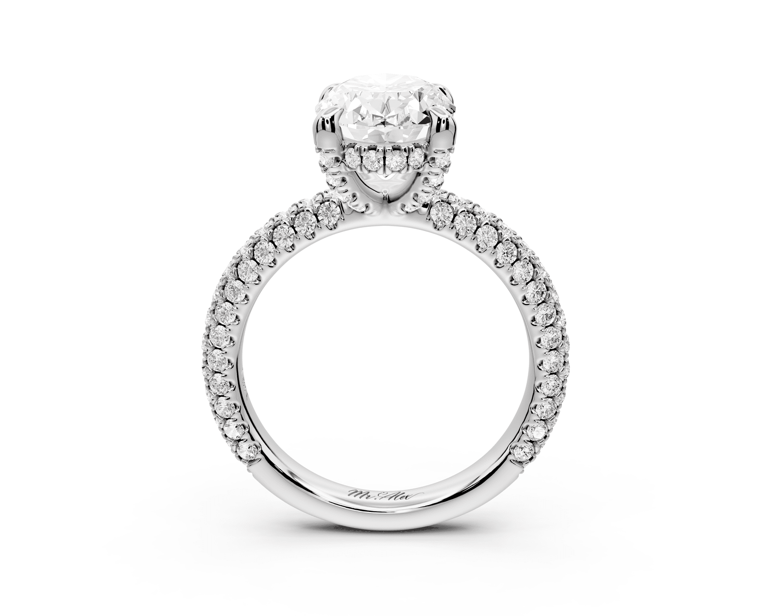 Emilia - 3ct 18k white gold oval Hidden Halo Diamond Crown Rollover Pavé Engagement Ring - Mr. Alex Jewelry