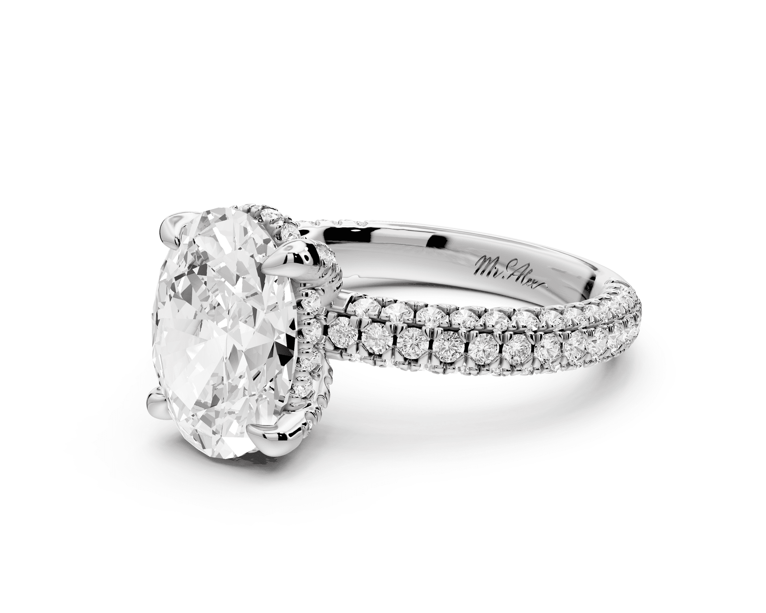Emilia - 3ct 18k white gold oval Hidden Halo Diamond Crown Rollover Pavé Engagement Ring - Mr. Alex Jewelry