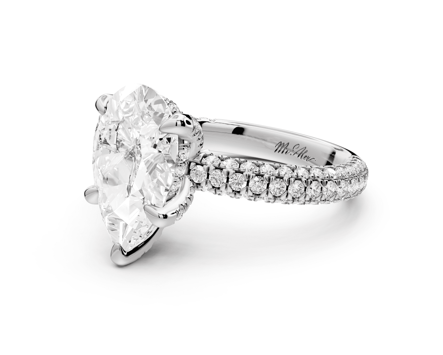 Emilia - 3ct 18k white gold pear Hidden Halo Diamond Crown Rollover Pavé Engagement Ring - Mr. Alex Jewelry