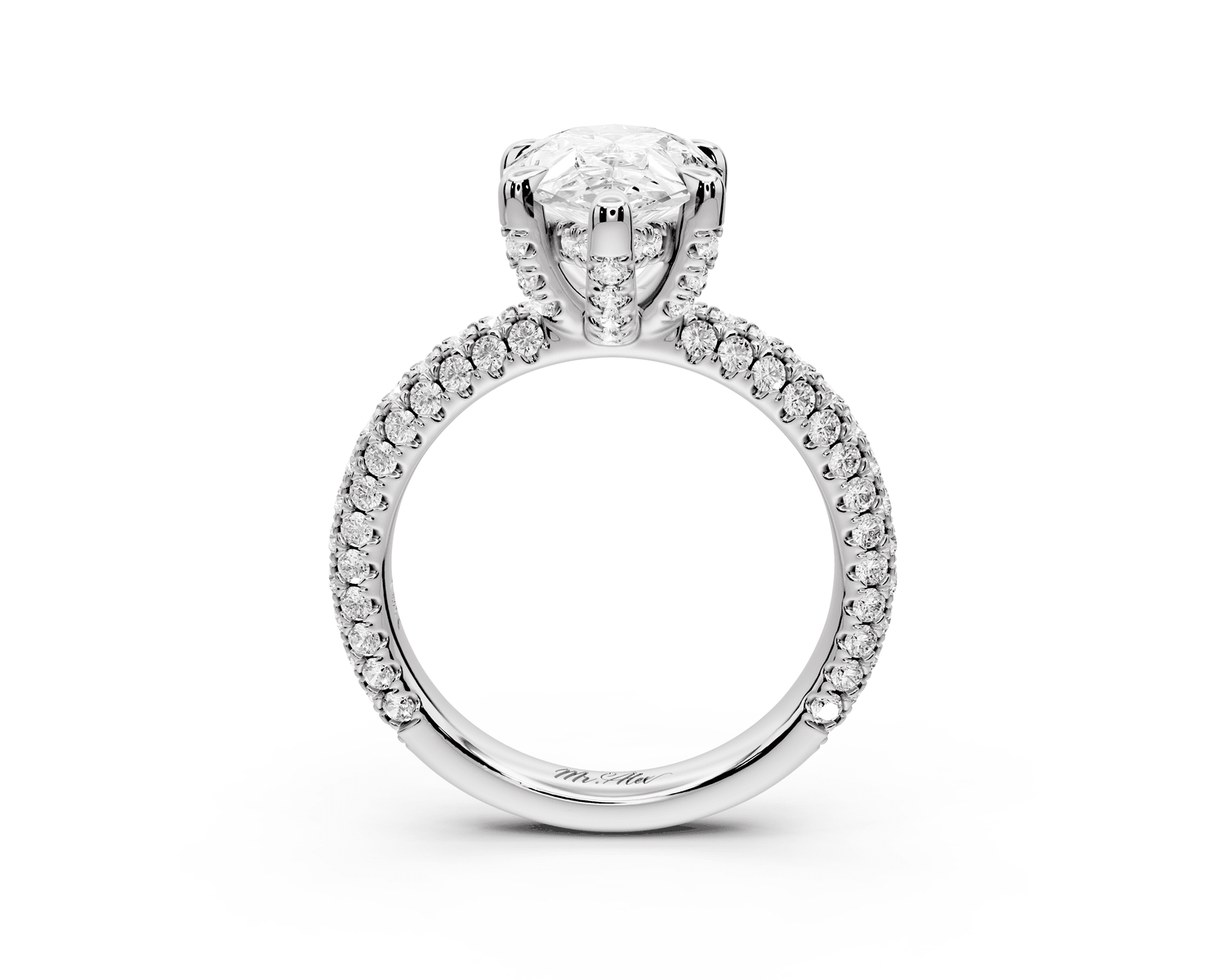 Emilia - 3ct 18k white gold pear Hidden Halo Diamond Crown Rollover Pavé Engagement Ring - Mr. Alex Jewelry