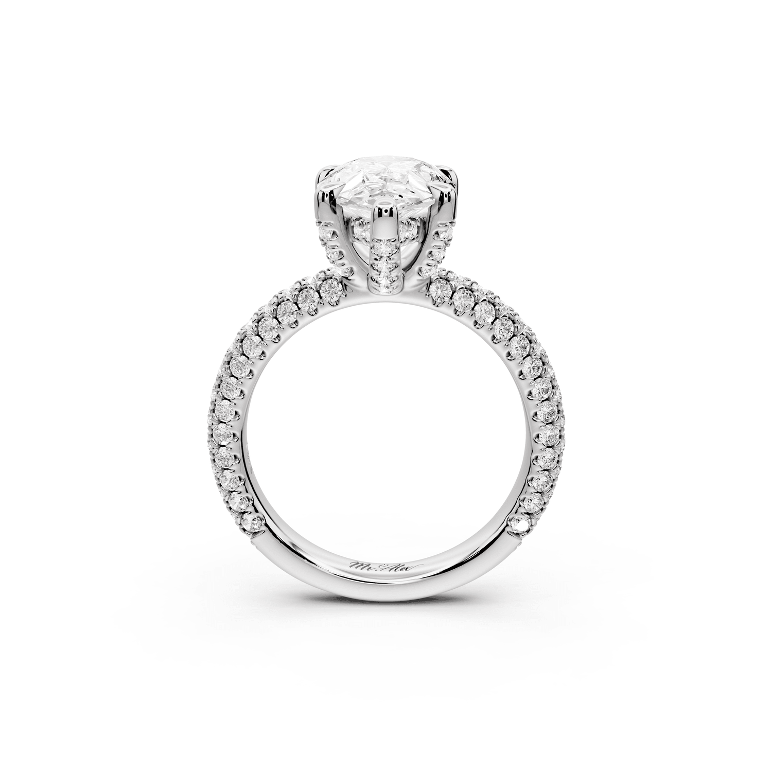 Emilia - 3ct 18k white gold pear Hidden Halo Diamond Crown Rollover Pavé Engagement Ring - Mr. Alex Jewelry