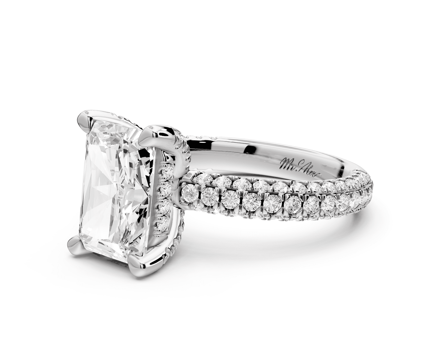 Emilia - 3ct 18k white gold radiant Hidden Halo Diamond Crown Rollover Pavé Engagement Ring - Mr. Alex Jewelry
