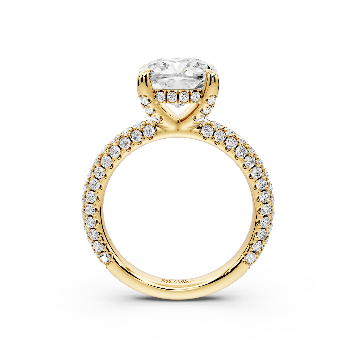 Emilia - 3ct 18k yellow gold cushion Hidden Halo Diamond Crown Rollover Pavé Engagement Ring - Mr. Alex Jewelry