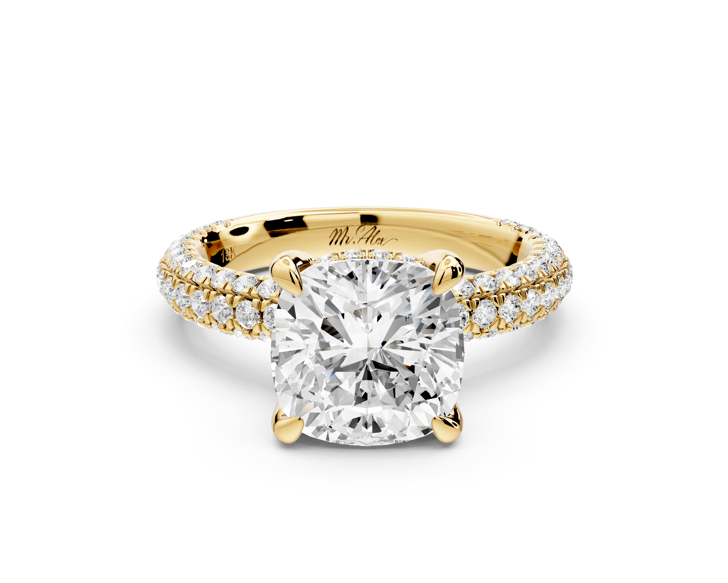 Emilia - 3ct 18k yellow gold cushion Hidden Halo Diamond Crown Rollover Pavé Engagement Ring - Mr. Alex Jewelry