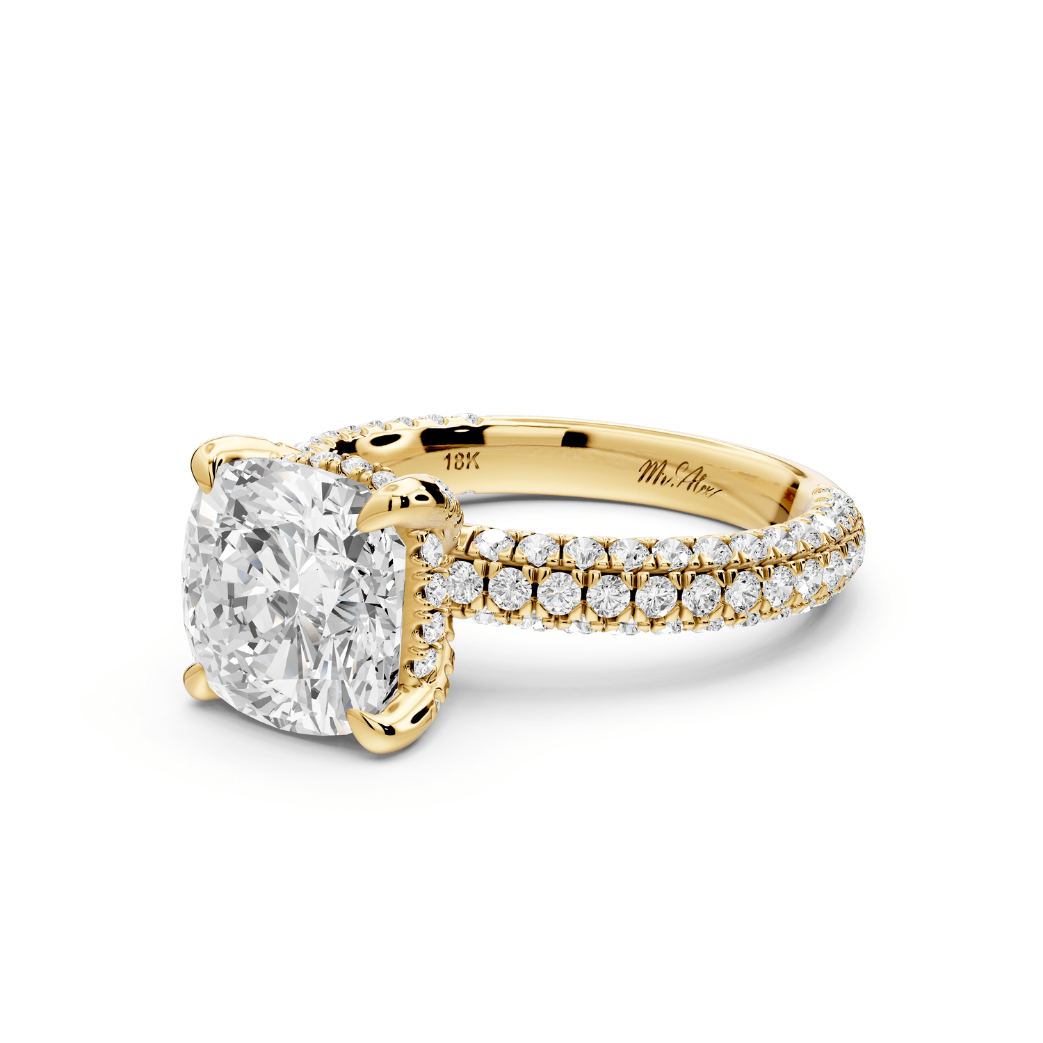 Emilia - 3ct 18k yellow gold cushion Hidden Halo Diamond Crown Rollover Pavé Engagement Ring - Mr. Alex Jewelry