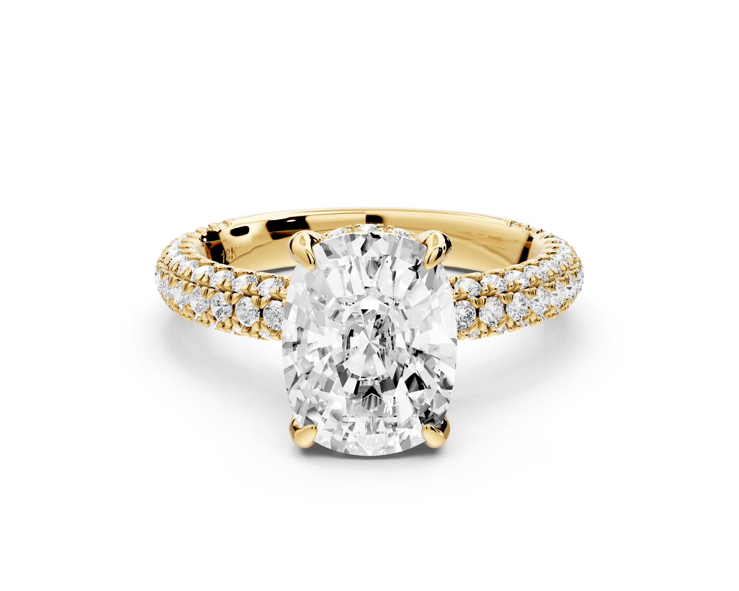 Emilia - 3ct 18k yellow gold ecushion Hidden Halo Diamond Crown Rollover Pavé Engagement Ring - Mr. Alex Jewelry
