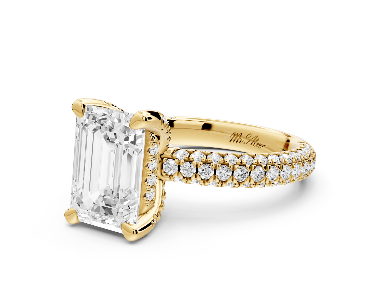 Emilia - 3ct 18k yellow gold emerald Hidden Halo Diamond Crown Rollover Pavé Engagement Ring - Mr. Alex Jewelry