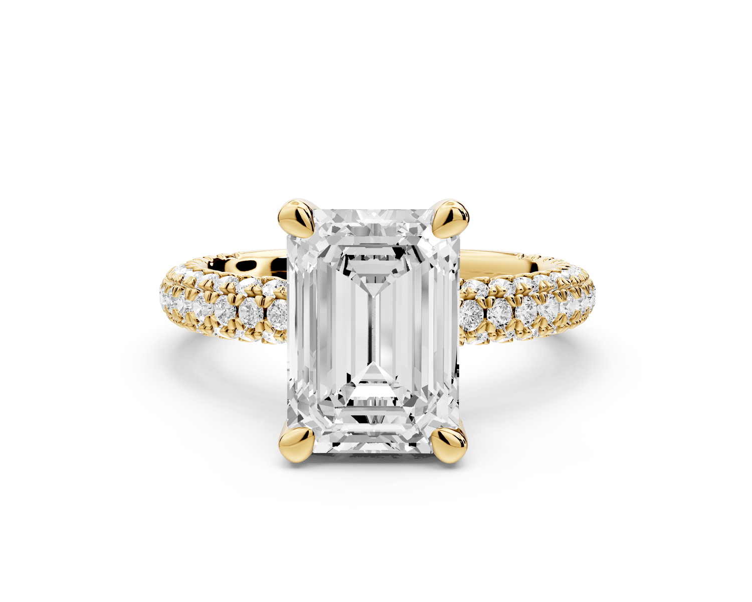 Emilia - 3ct 18k yellow gold emerald Hidden Halo Diamond Crown Rollover Pavé Engagement Ring - Mr. Alex Jewelry