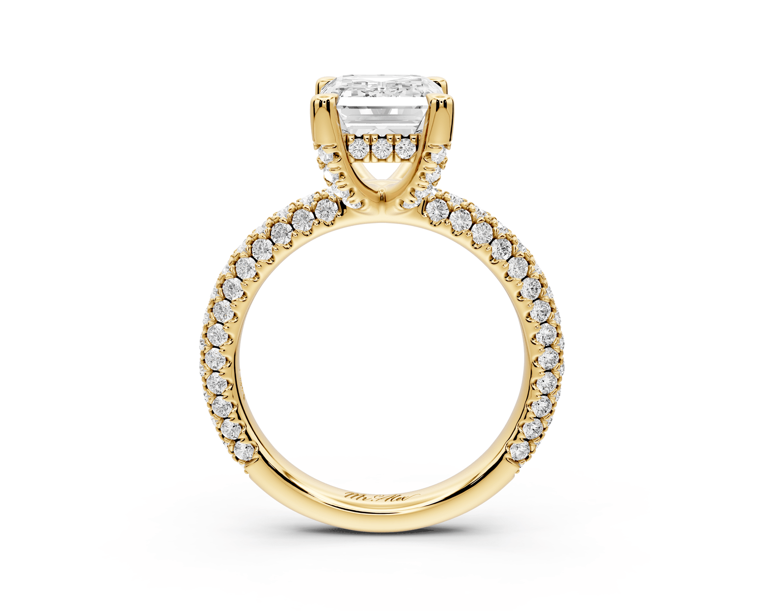 Emilia - 3ct 18k yellow gold emerald Hidden Halo Diamond Crown Rollover Pavé Engagement Ring - Mr. Alex Jewelry