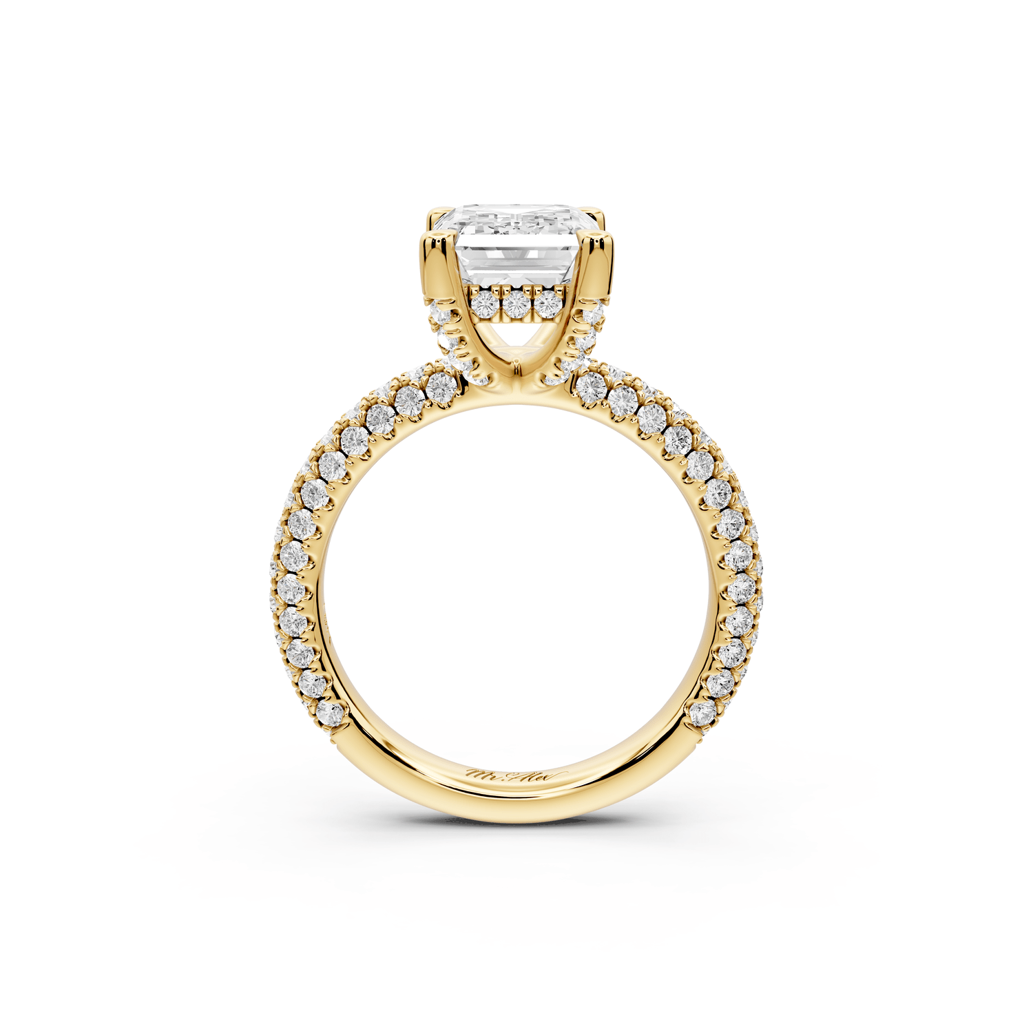 Emilia - 3ct 18k yellow gold emerald Hidden Halo Diamond Crown Rollover Pavé Engagement Ring - Mr. Alex Jewelry