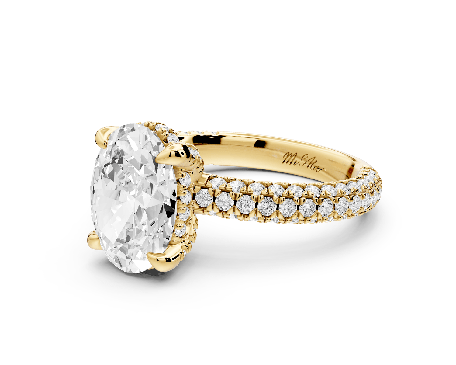 Emilia - 3ct 18k yellow gold oval Hidden Halo Diamond Crown Rollover Pavé Engagement Ring - Mr. Alex Jewelry