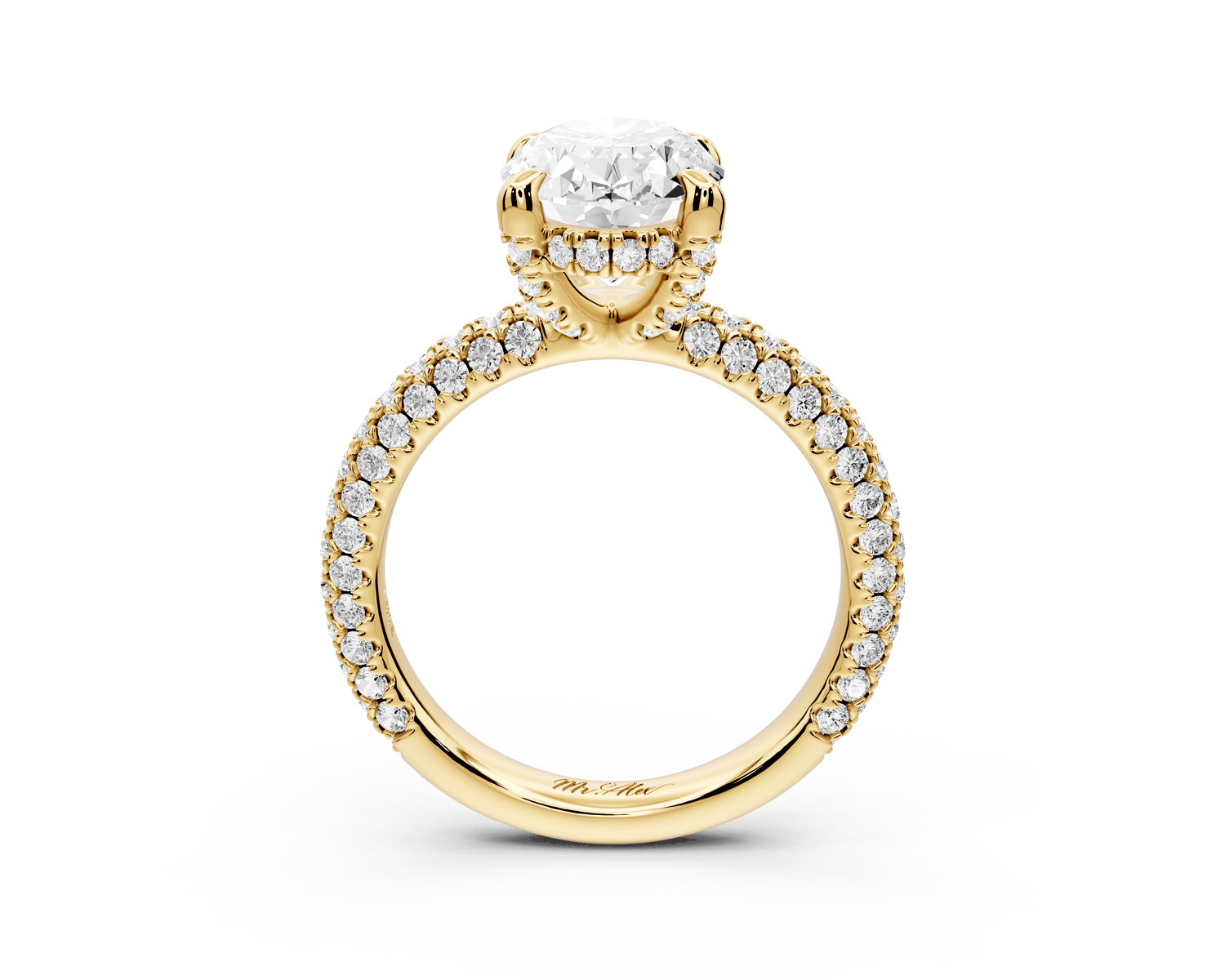Emilia - 3ct 18k yellow gold oval Hidden Halo Diamond Crown Rollover Pavé Engagement Ring - Mr. Alex Jewelry
