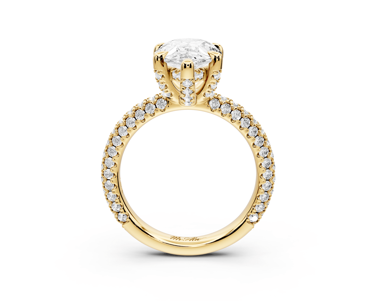 Emilia - 3ct 18k yellow gold pear Hidden Halo Diamond Crown Rollover Pavé Engagement Ring - Mr. Alex Jewelry