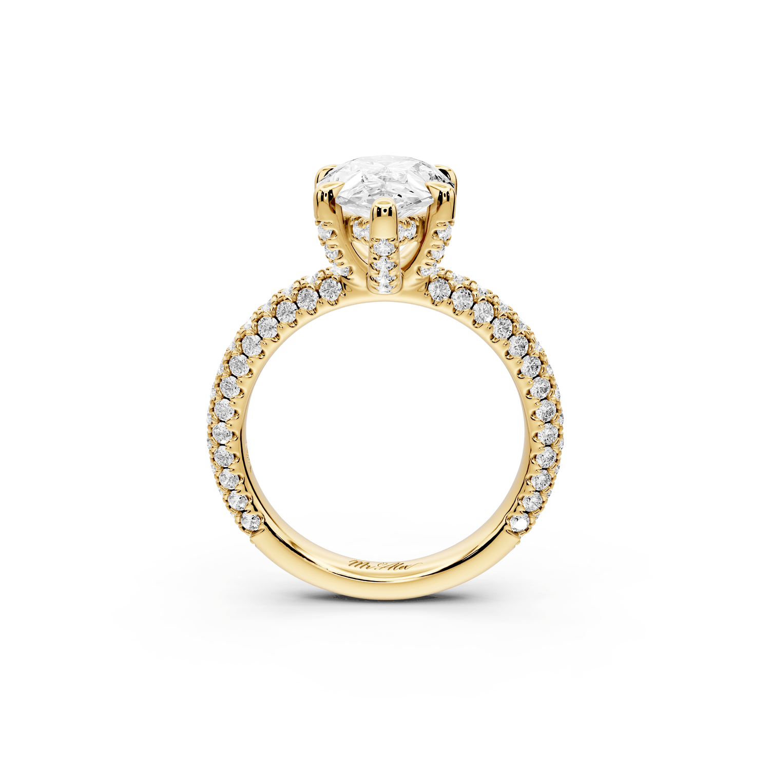 Emilia - 3ct 18k yellow gold pear Hidden Halo Diamond Crown Rollover Pavé Engagement Ring - Mr. Alex Jewelry