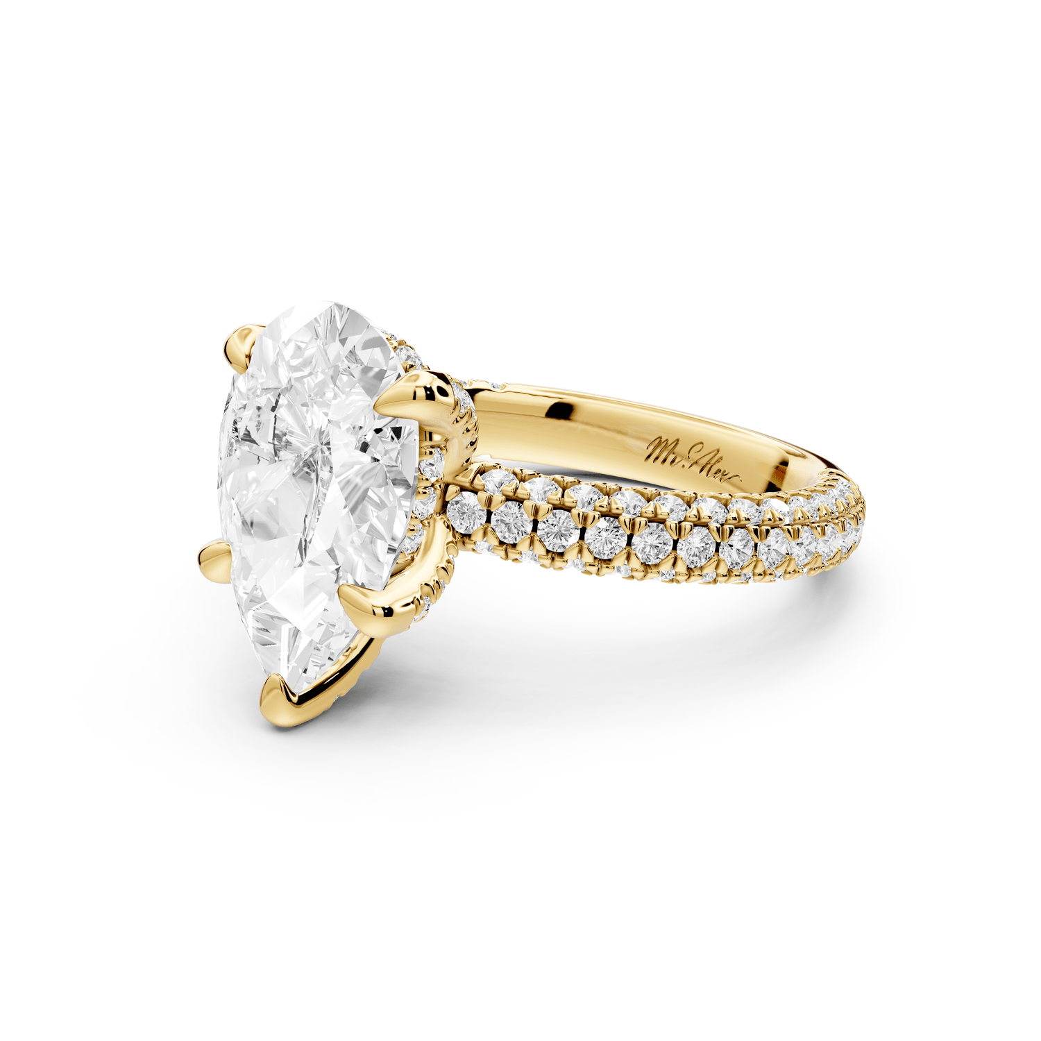 Emilia - 3ct 18k yellow gold pear Hidden Halo Diamond Crown Rollover Pavé Engagement Ring - Mr. Alex Jewelry