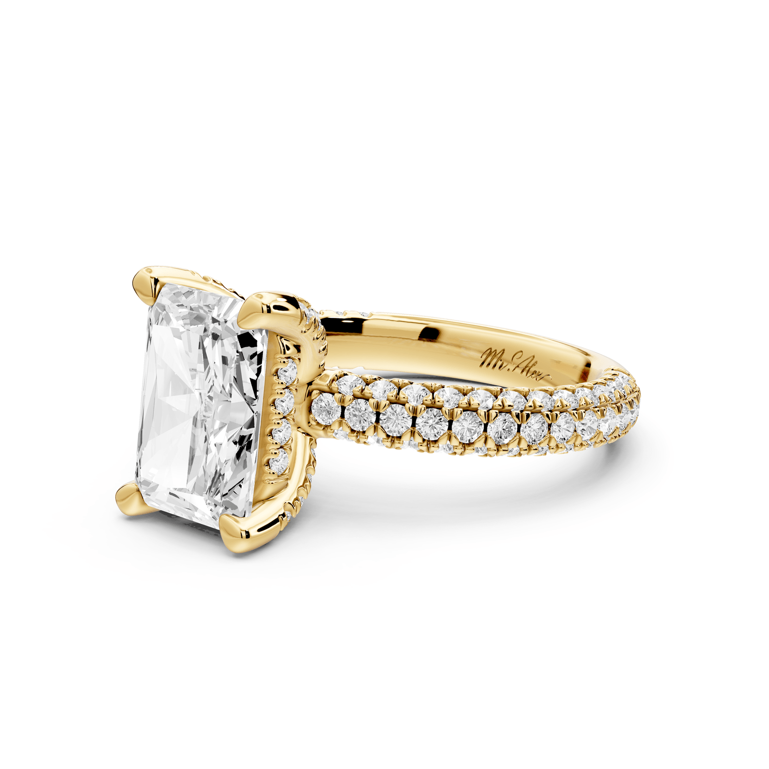 Emilia - 3ct 18k yellow gold radiant Hidden Halo Diamond Crown Rollover Pavé Engagement Ring - Mr. Alex Jewelry