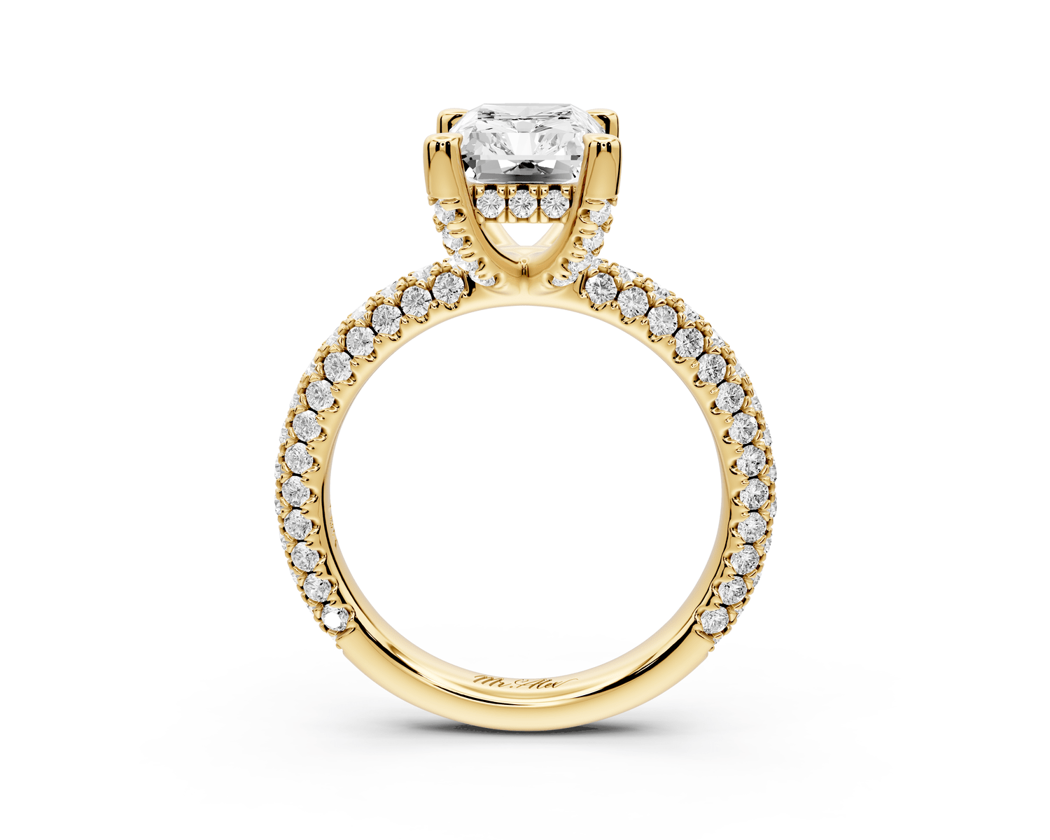 Emilia - 3ct 18k yellow gold radiant Hidden Halo Diamond Crown Rollover Pavé Engagement Ring - Mr. Alex Jewelry
