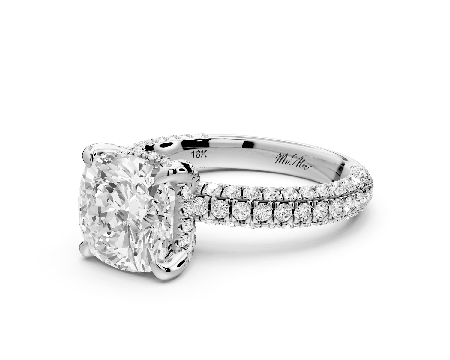 Emilia - 3ct platinum cushion Hidden Halo Diamond Crown Rollover Pavé Engagement Ring - Mr. Alex Jewelry