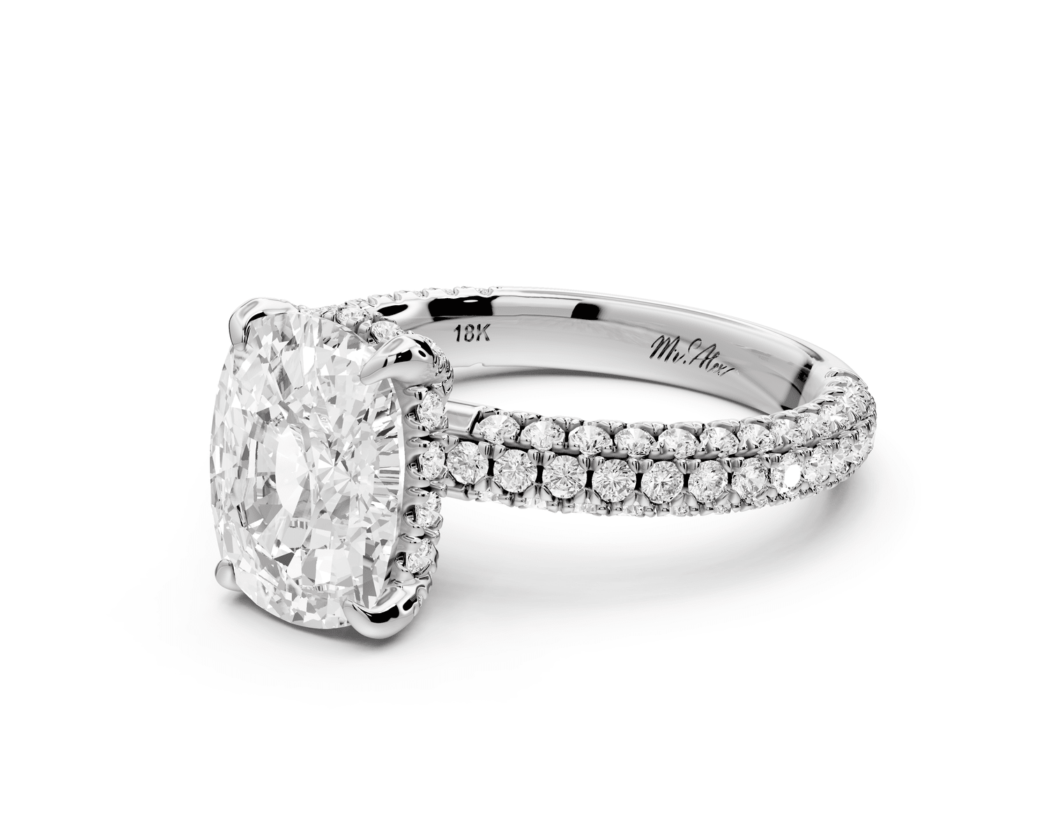 Emilia - 3ct platinum ecushion Hidden Halo Diamond Crown Rollover Pavé Engagement Ring - Mr. Alex Jewelry