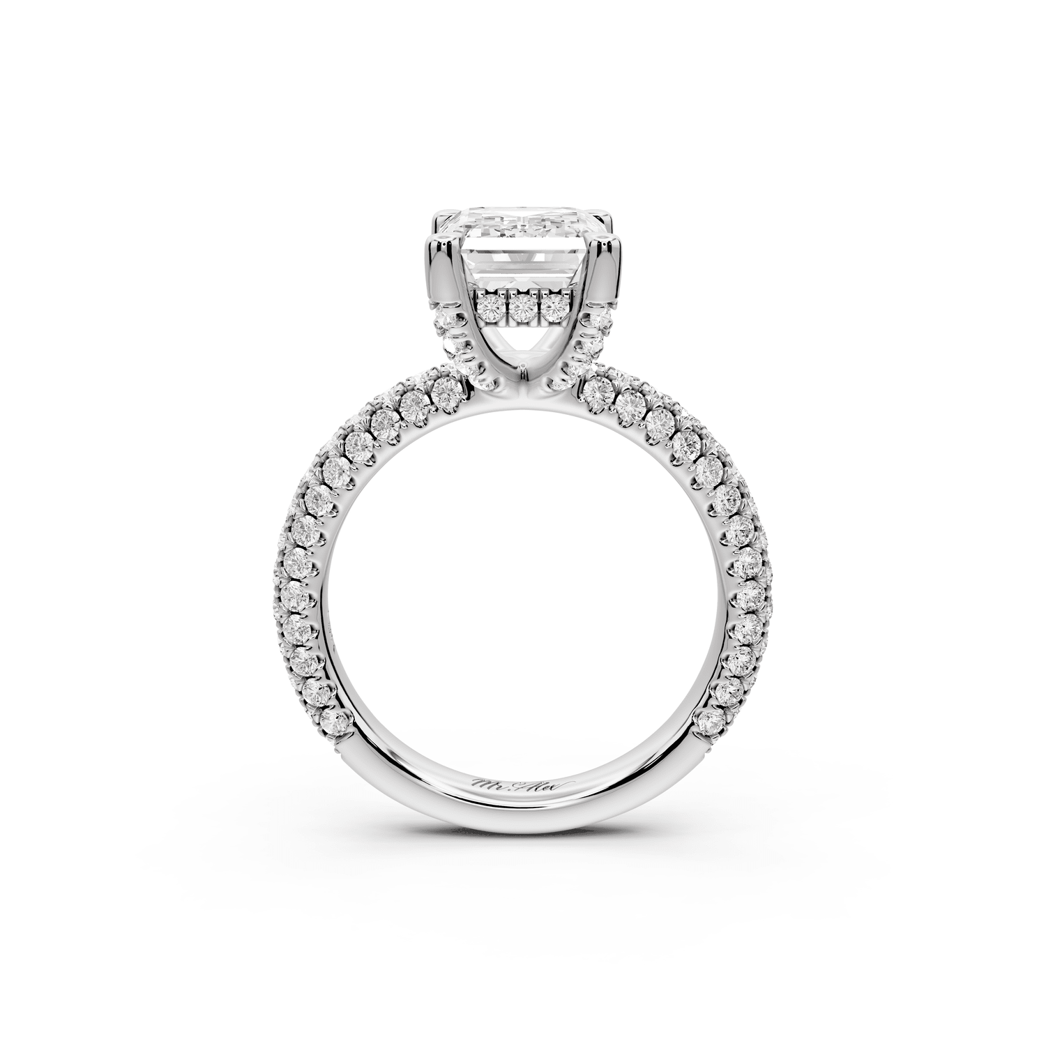 Emilia - 3ct platinum emerald Hidden Halo Diamond Crown Rollover Pavé Engagement Ring - Mr. Alex Jewelry
